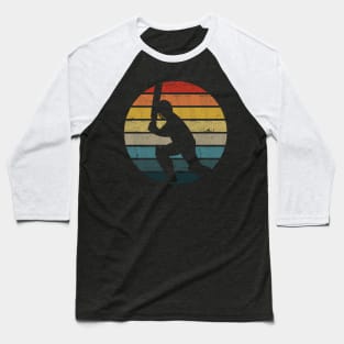 Cricket Player Silhouette On A Distressed Retro Sunset print Baseball T-Shirt